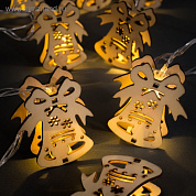 Гирлянда "Нить" 4.5 м с деревянными насадками "Колокол", IP20, прозрачная нить, 20 LED, свечение тёп